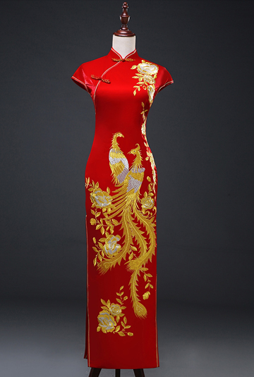 传统刺绣凤凰真丝旗袍