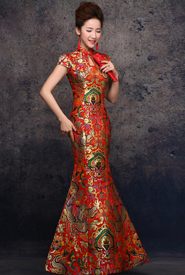 中式云锦刺绣结婚旗袍
